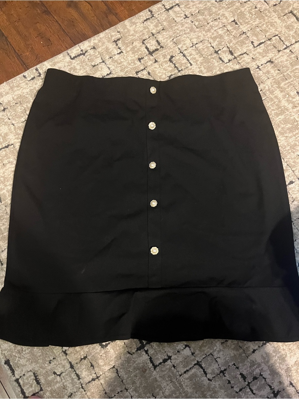 Women’s Black ruffled detailed Skirt with Decorative Pearl Front Buttons